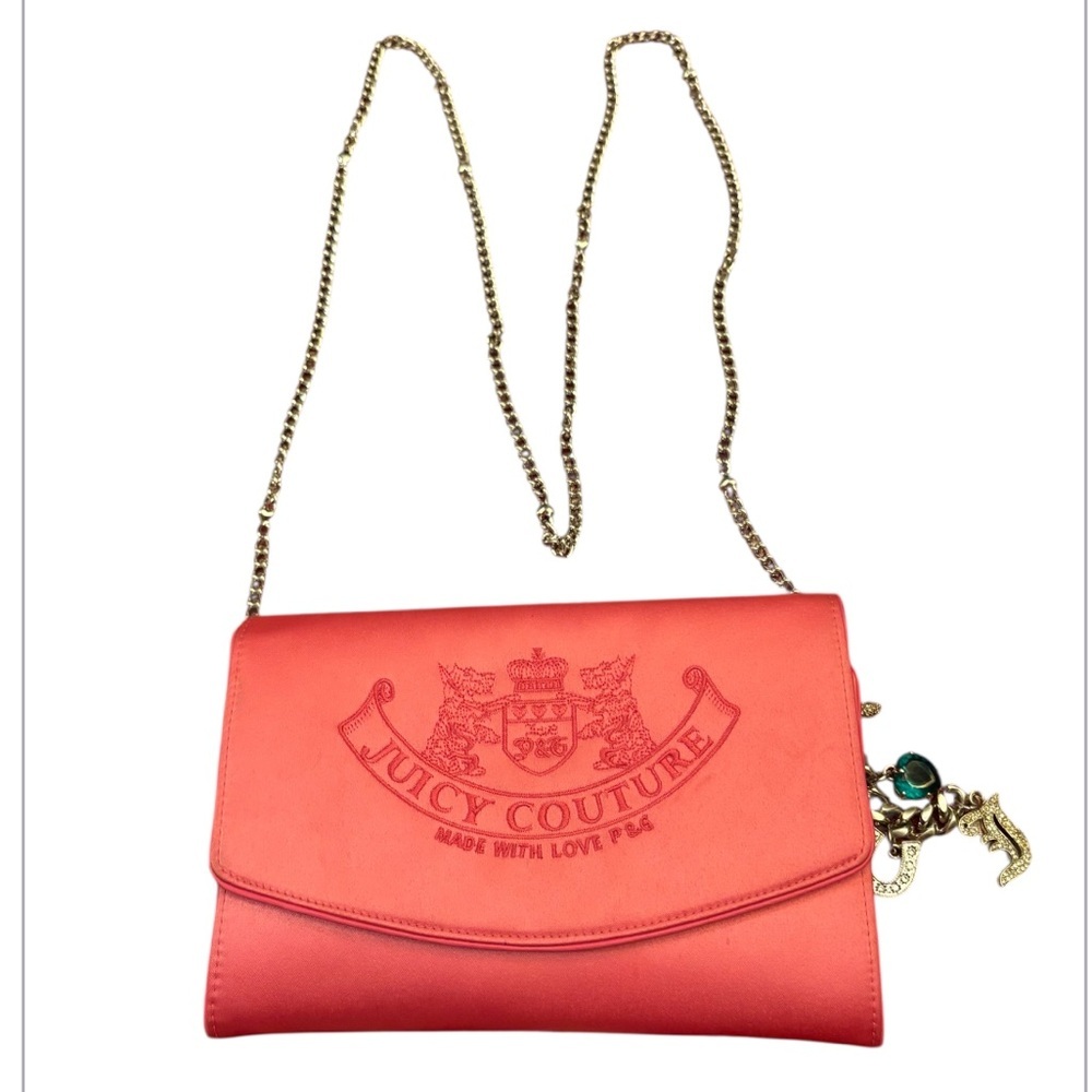 Y2K Juicy Couture Hot Pink Satin/Leather Clutch Purse / Shoulder Bag w charms